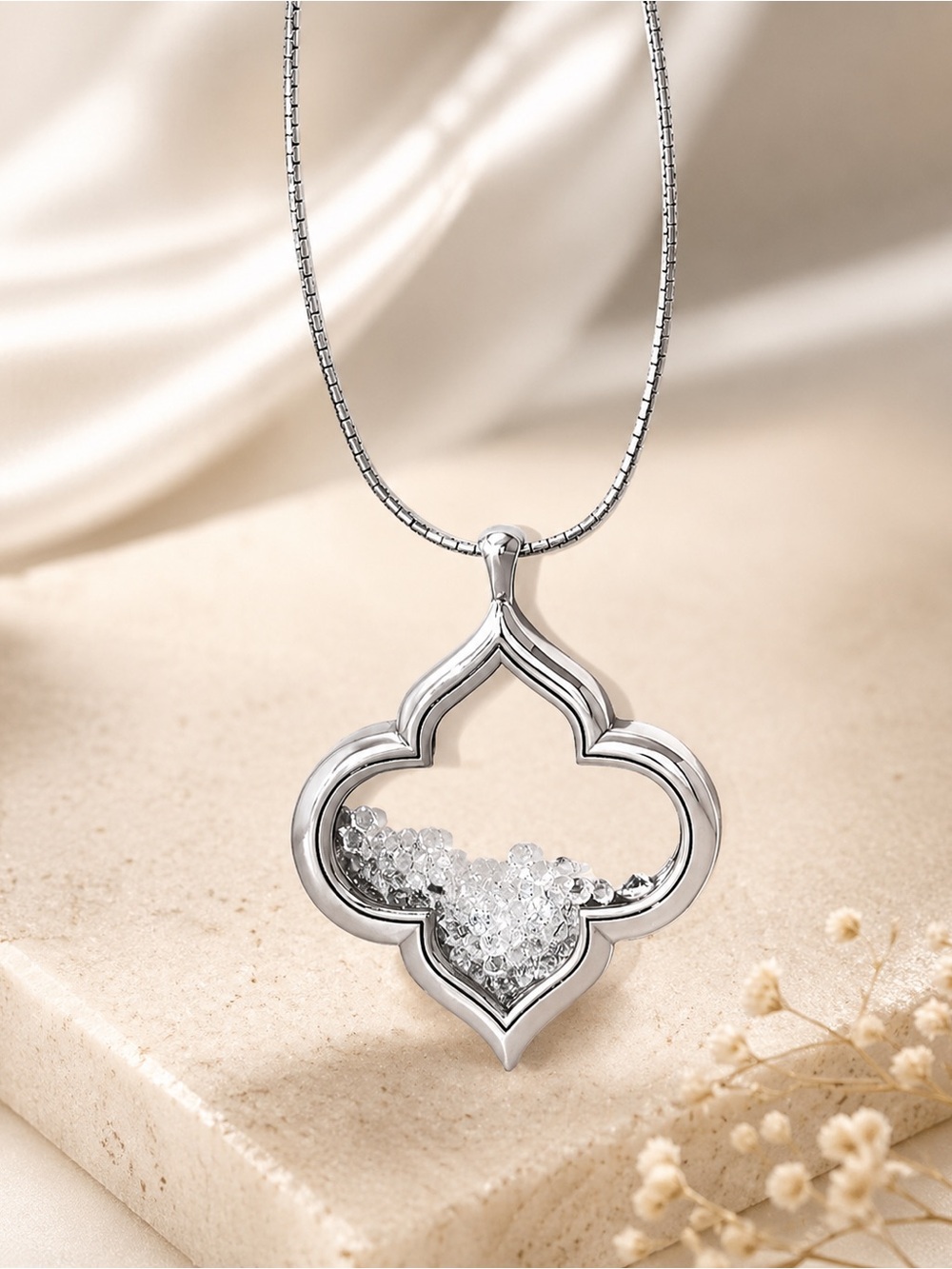 Brighton Toledo Long Necklace Silver Crystal Quatrefoil Pendant Adjustable Chain